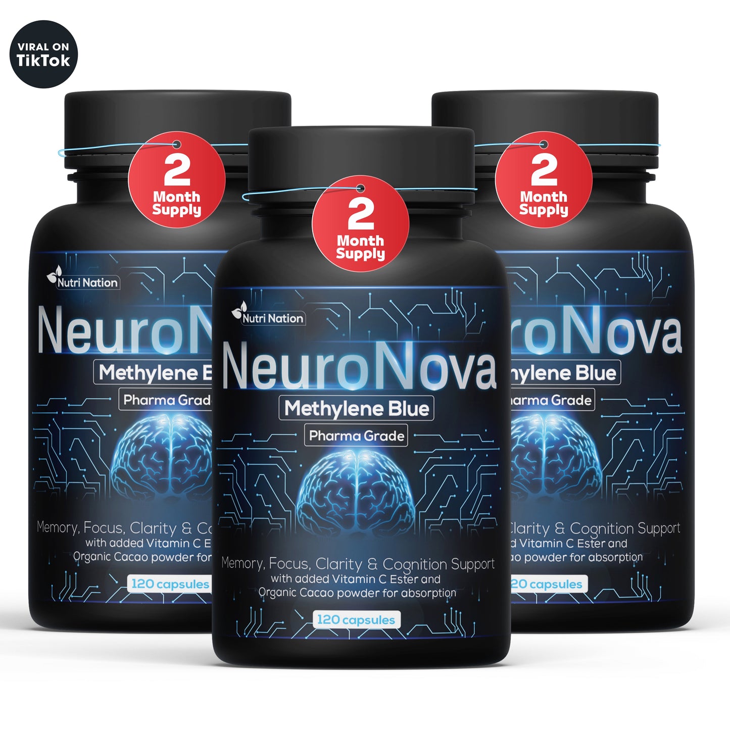 Methylene Blue Pharmaceutical (USP) Grade 120 Capsules - Methylene Blue Supplement for Brain Support, Focus, Energy & Clarity Made in USA in GMP Certified Laboratory