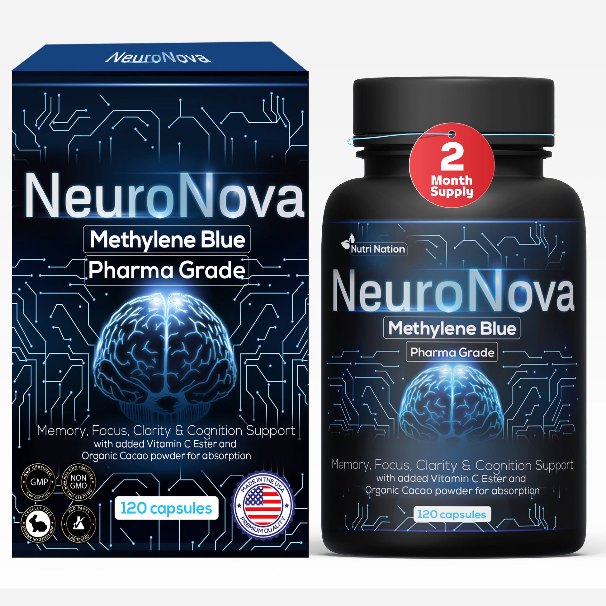 Methylene Blue Pharmaceutical (USP) Grade 120 Capsules - Methylene Blue Supplement for Brain Support, Focus, Energy & Clarity Made in USA in GMP Certified Laboratory